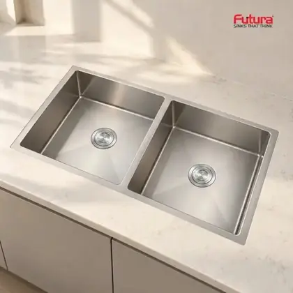 Futura Hand Carved Series Double Bowl SS Sink, FS 3618 DB HM (36 x 18 x 9 Inch)