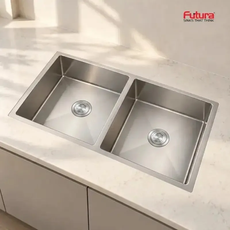 Futura Hand Carved Series Double Bowl SS Sink, FS 3618 DB HM (36 x 18 x 9 Inch)