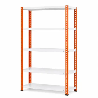 Powder Coated 5 Shelf Slotted Angle Storage Rack, 6ft x 3ft x 1ft, Mild Steel, Orange & White, 30 kg per Shelf