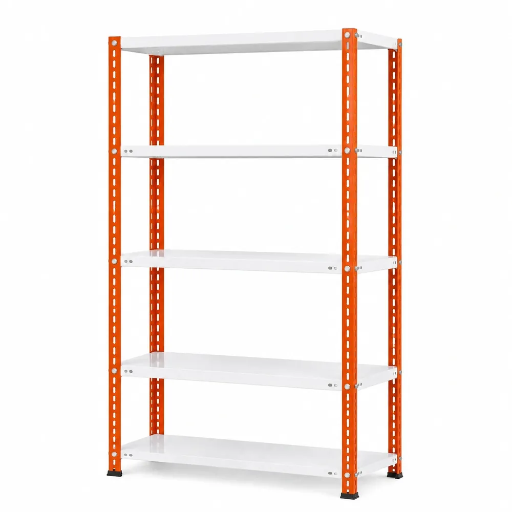Powder Coated 5 Shelf Slotted Angle Storage Rack, 6ft x 3ft x 1ft, Mild Steel, Orange & White, 30 kg per Shelf