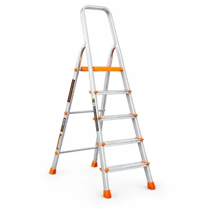 Allfold Allsafe 5-Step Aluminium Ladder | 150kg Capacity, Anti-Skid Steps, Foldable - Silver and Orange