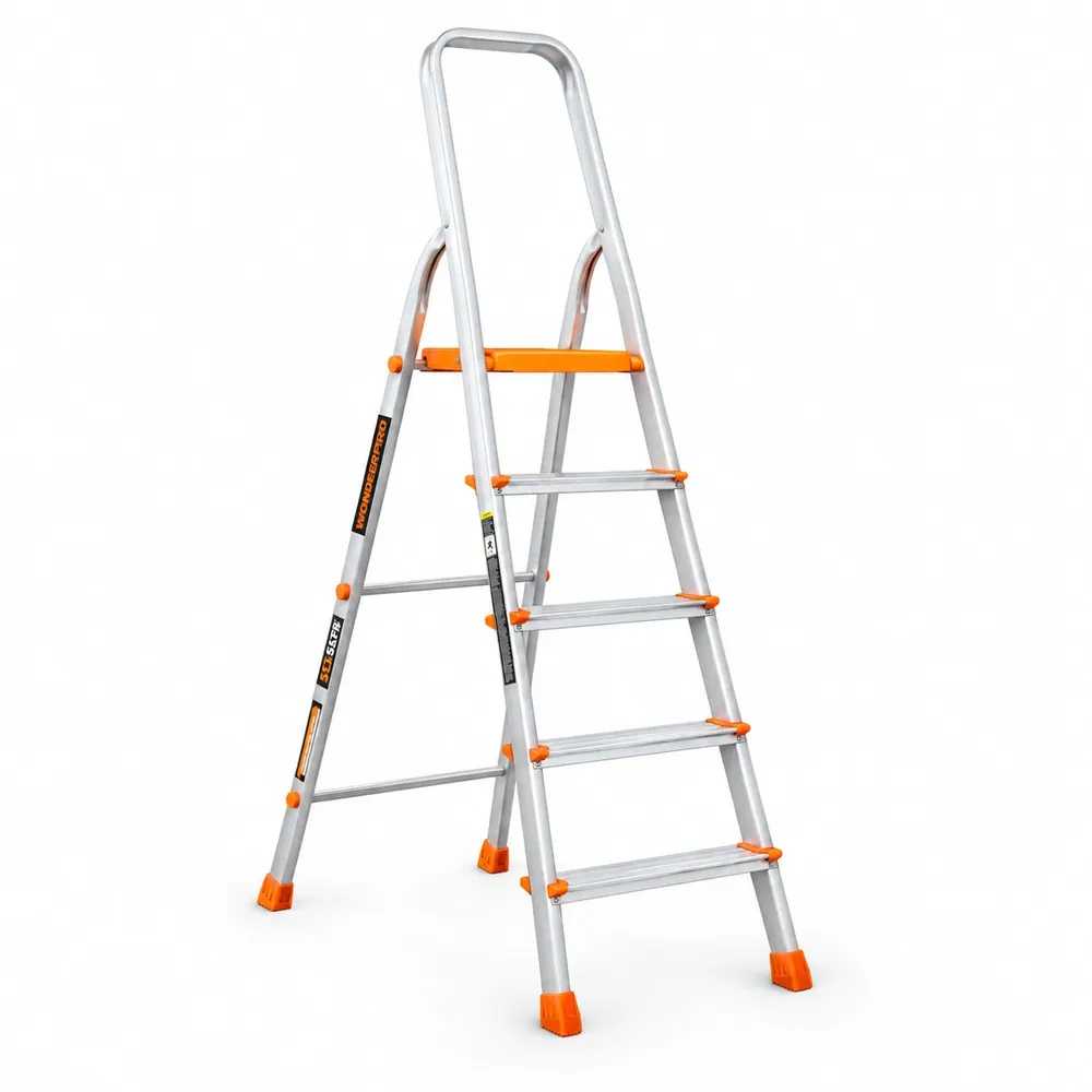 Allfold Allsafe 5-Step Aluminium Ladder | 150kg Capacity, Anti-Skid Steps, Foldable - Silver and Orange