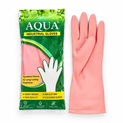 Flocklined Industrial Rubber Gloves | Non-Slip Grip, Rolled Cuff | Medium, Large & Extra Large